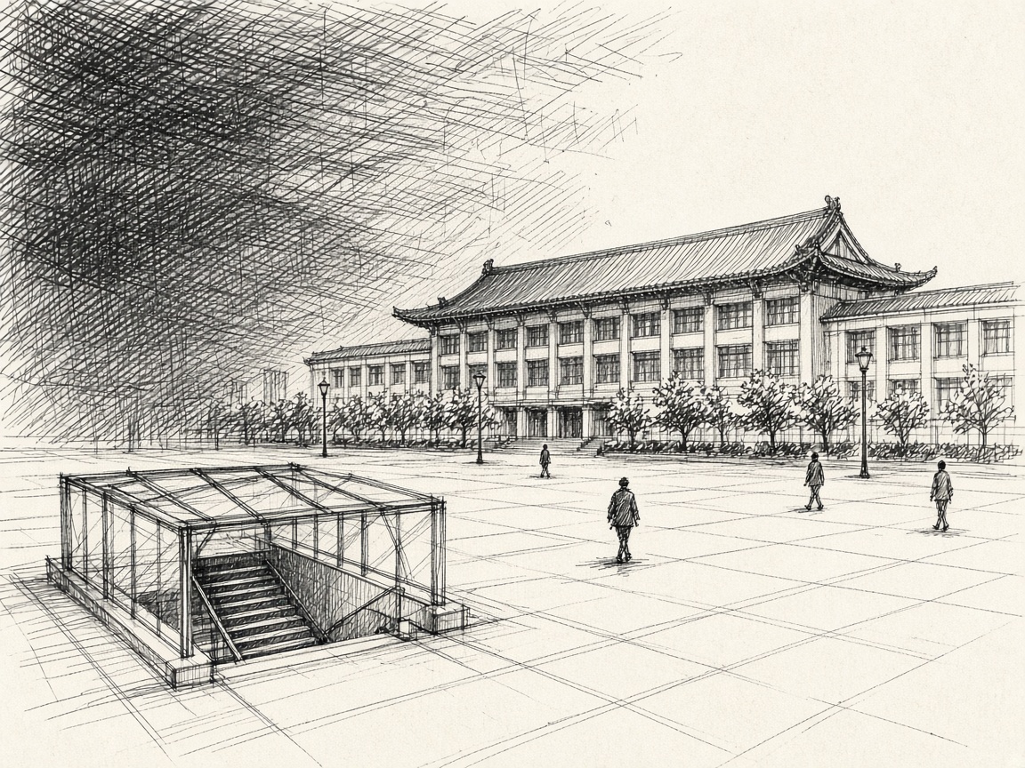 羅湖口岸廣場的鋼筆草圖，前景是地鐵出入口。